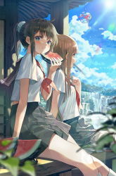 Rule 34 | 2girls, black sailor collar, black skirt, blue sky, blurry, blurry foreground, brown eyes, cloud, commentary, day, depth of field, eating, food, fruit, green eyes, hair ornament, hairclip, highres, holding, holding food, huwari (dnwls3010), looking at viewer, looking away, looking to the side, multiple girls, nature, outdoors, plant, red ribbon, ribbon, sailor collar, sailor shirt, school uniform, shirt, sitting, skirt, sky, sunlight, tree, water, waterfall, watermelon, white shirt