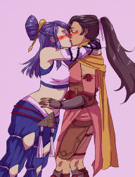 Rule 34 | 2girls, bare shoulders, breasts, curvy, fire emblem, fire emblem fates, kagero (fire emblem), kiss, long hair, multiple girls, nintendo, orochi (fire emblem), ponytail, thick thighs, thighs, wide hips, yuri