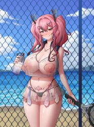 Rule 34 | 1girl, azur lane, black panties, blue sky, blush, body writing, breasts, bremerton (azur lane), bremerton (scorching-hot training) (azur lane), condom, condom belt, condom left inside, cum, cum in container, hair ornament, hairpin, heart, heart-shaped pupils, highres, holding tennis racket, huge breasts, jewelry, large areolae, long hair, necklace, netorare, nipples, outdoors, panties, pink eyes, pink hair, poper (arin sel), pubic tattoo, see-through, see-through shirt, sky, stray pubic hair, symbol-shaped pupils, tattoo, tongue, tongue out, twintails, underwear, used condom, x hair ornament