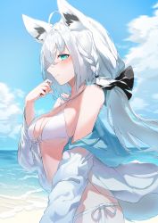 Rule 34 | 1girl, absurdres, ahoge, animal ears, beach, bikini, black bow, blue eyes, blue sky, blush, bow, braid, breasts, cleavage, closed mouth, cloud, cloudy sky, commentary request, cowboy shot, criss-cross halter, day, fox ears, fox girl, fox tail, from side, hair between eyes, hair bow, halterneck, highres, hololive, huge filesize, jacket, kabedoru, light smile, long hair, looking at viewer, medium breasts, ocean, off shoulder, open clothes, open jacket, outdoors, profile, shirakami fubuki, side-tie bikini bottom, side braid, silver hair, sky, solo, string bikini, swimsuit, tail, virtual youtuber, white bikini, white jacket, wind