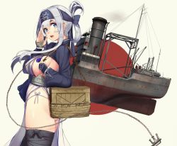 Rule 34 | 1girl, ainu, ainu clothes, akasaai, anchor, bag, bandages, bandana, black thighhighs, blue eyes, boots, breasts, circle, commentary request, crate, cropped jacket, dress, folded ponytail, from side, hair between eyes, hair ornament, hairband, headband, highres, japanese flag, kamoi (kancolle), kantai collection, large breasts, long hair, multicolored hair, open mouth, panties, pelvic curtain, red circle, ship, side-tie panties, sideboob, sidelocks, simple background, sleeveless, sleeveless dress, smile, solo, standing, teeth, thick eyebrows, thigh boots, thighhighs, underwear, upper teeth only, watercraft, white dress, white hair, wrist guards