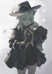 Rule 34 | 1girl, absurdres, animal ears, arknights, black coat, black dress, black gloves, black hat, blue eyes, chinese commentary, coat, commentary, commentary request, cowboy shot, dress, english commentary, facial scar, gloves, grey background, hat, highres, holding, holding pocket watch, lappland (arknights), lappland (refined horrormare) (arknights), long hair, mixed-language commentary, official alternate costume, open mouth, pocket watch, scar, scar across eye, scar on cheek, scar on face, smile, solo, watch, white hair, wolf ears, zygocactus