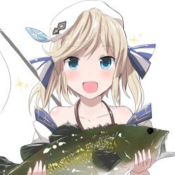 Rule 34 | 10s, 1girl, bare shoulders, beret, blonde hair, blue eyes, breasts, cleavage, coat, commentary request, cucouroux (granblue fantasy), fish, fishing rod, granblue fantasy, hair ribbon, hat, highres, kuromu (underporno), long hair, long sleeves, open mouth, ribbon, skirt, solo, twintails