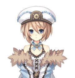 Rule 34 | 10s, 1girl, bare shoulders, belt, belt skirt, blanc (neptunia), blue eyes, blush, brooch, brown hair, choker, choujigen game neptune, cross-laced clothes, detached sleeves, dress, expressionless, female focus, flat chest, frills, fur trim, grey hair, gust, hair between eyes, hat, jacket, jewelry, lace, looking at viewer, lowres, neck ribbon, neptune (series), off shoulder, official art, open clothes, open jacket, parted lips, ribbon, sega, short hair, simple background, solo, tsunako, upper body, white background
