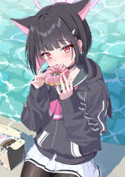 Rule 34 | 1girl, absurdres, animal ears, black choker, black hair, black hoodie, black pantyhose, black skin, blue archive, blunt bangs, blush, bocchi (kuropom7), cat ears, choker, collarbone, colored skin, commentary request, doughnut, food, french cruller, hair ornament, hairclip, halo, hands up, highres, holding, holding food, hood, hood down, hoodie, kazusa (blue archive), long sleeves, looking at viewer, neckerchief, pantyhose, pink eyes, pink hair, pink neckerchief, pleated skirt, purple halo, short hair, sitting, skirt, solo, water
