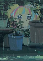 Rule 34 | 1girl, blonde hair, blue eyes, blue hair, blunt bangs, blush, character doll, closed mouth, commentary request, daia (pri chan), highres, kemura (puripurinea), kiratto pri chan, long hair, looking at viewer, multicolored hair, outdoors, pink hair, plant, potted plant, pretty series, rain, smile, solo, streaked hair, twintails, watering can
