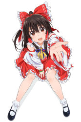 Rule 34 | 1girl, :d, ascot, bare legs, black footwear, blue ribbon, bow, bracelet, brown hair, detached sleeves, dress, foreshortening, frilled dress, frills, from above, full body, hair between eyes, hair bow, hair tubes, hakurei reimu, highres, japanese clothes, jewelry, long hair, looking at viewer, looking up, mary janes, miko, nontraditional miko, open mouth, outstretched arm, ponytail, reaching, reaching towards viewer, red bow, red dress, ribbon, ribbon-trimmed clothes, ribbon-trimmed sleeves, ribbon trim, shoes, sidelocks, simple background, sitting, smile, socks, solo, touhou, white background, white socks, yamaguchi satoshi
