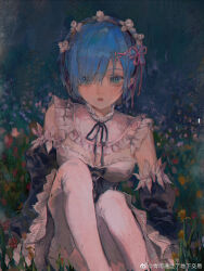Rule 34 | 1girl, bare shoulders, black bow, black bowtie, black hairband, black ribbon, black skirt, black sleeves, blue eyes, blue hair, blunt bangs, bow, bowtie, breasts, chinese commentary, cleavage, collar, commentary request, detached collar, eyelashes, eyes visible through hair, feet out of frame, field, flower, flower field, flower knot, frilled collar, frilled shirt, frilled sleeves, frills, hair flower, hair ornament, hair over one eye, hair ribbon, hairband, hairclip, high-waist skirt, high collar, highres, knees up, large breasts, long sleeves, looking at viewer, miniskirt, neck ribbon, night, pantyhose, parted lips, pink lips, pink ribbon, qingyu tongguo le dixia jiao yi, re:zero kara hajimeru isekai seikatsu, rem (re:zero), ribbon, shirt, short hair, sitting, skirt, solo, upper body, watermark, weibo logo, weibo watermark, white collar, white flower, white pantyhose, white shirt, wide sleeves, x hair ornament