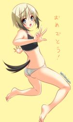 Rule 34 | 1girl, 2014, :d, artist name, ass, bad id, bad twitter id, bare legs, bare shoulders, barefoot, black hair, blonde hair, butt crack, dated, grey eyes, looking at viewer, multicolored hair, open mouth, panties, short hair, simple background, smile, solo, strike witches, strike witches: suomus misfits squadron, tail, tank top, translated, two-tone hair, umyonge (lkakeu), underwear, ursula hartmann, v, white panties, world witches series