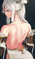 Rule 34 | 1girl, absurdres, back, backless outfit, bare shoulders, blush, breasts, genshin impact, hair ornament, hair stick, hairpin, highres, long hair, looking at viewer, looking back, loooyd, ningguang (genshin impact), red eyes, solo, tassel, white hair