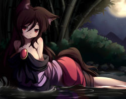 Rule 34 | 1girl, absurdres, animal ears, bamboo, bamboo forest, bare shoulders, blouse, breasts, brooch, brown hair, collarbone, dior-zi, dress, forest, full moon, highres, imaizumi kagerou, jewelry, large breasts, light smile, long sleeves, looking at viewer, moon, moonlight, nature, off shoulder, red eyes, red skirt, shirt, skirt, solo, tail, touhou, wet, wet clothes, wide sleeves, wolf ears, wolf tail