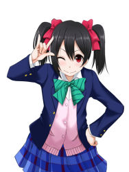 Rule 34 | &gt;;), 10s, 1girl, bad id, bad pixiv id, black hair, blazer, bow, bowtie, cardigan, green bow, green bowtie, hair between eyes, hair bow, hand on own hip, jacket, kosuke (bb), love live!, love live! school idol project, m/, one eye closed, red bow, red eyes, school uniform, simple background, skirt, solo, striped bow, striped bowtie, striped clothes, striped neckwear, twintails, v-shaped eyebrows, white background, yazawa nico