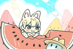 Rule 34 | 1girl, animal ear fluff, animal ears, blonde hair, blue sky, bow, bowtie, commentary request, day, eating, extra ears, food, fruit, gloves, highres, kemono friends, kemono friends 3, kuro shiro (kuro96siro46), looking at another, lucky beast (kemono friends), serval print, short hair, sky, solo, upper body, watermelon, watermelon slice, white serval (kemono friends), yellow gloves