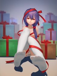 Rule 34 | 1girl, box, feet, flat chest, food print, gift, gift box, highres, long legs, low twintails, naked ribbon, nipples, no shoes, original, panties, print panties, purple hair, red eyes, ribbon, smile, soles, solo, strawberry panties, strawberry print, thighhighs, toes, twintails, underwear, white panties, white thighhighs, xini m, zettai ryouiki