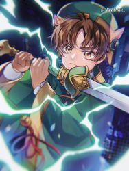 Rule 34 | 1boy, blurry, blurry background, brown eyes, brown hair, building, cardcaptor sakura, city, electricity, green hat, hat, highres, holding, holding sword, holding weapon, li xiaolang, looking at viewer, magical boy, solanya, solo, standing, sword, twitter username, weapon