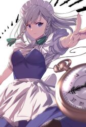 Rule 34 | 1girl, arm up, backlighting, bloom, blue dress, blue eyes, chienon, commentary request, danmaku, dress, floating hair, foreshortening, grey hair, highres, izayoi sakuya, knife, long hair, looking at viewer, outstretched arm, perspective, pocket watch, serious, simple background, solo, throwing knife, touhou, watch, weapon, white background