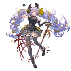 Rule 34 | 1girl, alpha transparency, animal ears, black dress, black gloves, black thighhighs, breasts, cleavage, dress, elbow gloves, full body, fur-trimmed gloves, fur trim, gloves, granblue fantasy, hair between eyes, hair ribbon, large breasts, long hair, looking at viewer, low twintails, microphone, minaba hideo, official art, open mouth, purple eyes, purple hair, ribbon, satyr (granblue fantasy), simple background, single elbow glove, smile, solo, star (symbol), thighhighs, transparent background, twintails, very long hair