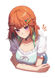 Rule 34 | 1girl, absurdres, blue choker, blush, braid, breasts, choker, closed mouth, earrings, erezu, feather earrings, feathers, french braid, green hair, hair ornament, hairclip, highres, hololive, hololive english, jewelry, looking at viewer, medium breasts, multicolored hair, orange hair, purple eyes, simple background, smile, solo, split mouth, streaked hair, takanashi kiara, takanashi kiara (casual), upper body, virtual youtuber, white background