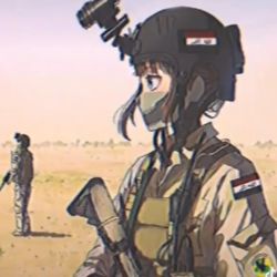 Rule 34 | 1boy, 1girl, brown hair, buckle, collared jacket, desert, gun, helmet, iraqi flag, jacket, mask, military, military uniform, mouth mask, non-web source, snap-fit buckle, soldier, uniform, weapon