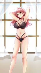 Rule 34 | 1girl, armpits, arms behind head, arms up, black bra, black panties, blush, bow, bow hairband, bra, breasts, cleavage, collarbone, doukyuusei another world, feet out of frame, game cg, grin, groin, hair bow, hairband, head tilt, indoors, kakyuusei, kishimoto sae, large breasts, long hair, looking at viewer, mole, mole under eye, multi-strapped panties, navel, official art, orange eyes, panties, pink hair, smile, solo, standing, underwear, underwear only, white bow
