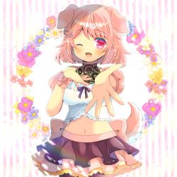 Rule 34 | 1girl, ;d, animal ears, black skirt, blue flower, blush, breasts, brown hair, brown pantyhose, brown sleeves, butterfly hair ornament, crop top, detached sleeves, dog ears, dog girl, dog tail, floral background, flower, frilled shirt, frills, hair ornament, hand up, indie virtual youtuber, kou hiyoyo, layered skirt, looking at viewer, medium breasts, midriff, navel, one eye closed, open mouth, outstretched arm, pantyhose, pink flower, pink skirt, pleated skirt, puffy short sleeves, puffy sleeves, purple flower, red eyes, sango shuka, shirt, short hair, short sleeves, skirt, smile, solo, striped, striped background, tail, vertical stripes, virtual youtuber, white flower, white shirt