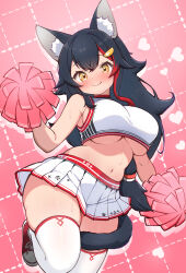 Rule 34 | 1girl, animal ear fluff, animal ears, black hair, blush, breasts, brown eyes, cheerleader, commentary request, hair ornament, highres, hololive, kani bonara, large breasts, long hair, looking at viewer, microskirt, multicolored hair, navel, ookami mio, paw print, pink background, pleated skirt, pom pom (cheerleading), red hair, skirt, smile, solo, standing, standing on one leg, stomach, streaked hair, tail, tail around own leg, thighhighs, underboob, virtual youtuber, white thighhighs, wolf ears, wolf girl, wolf tail, zettai ryouiki