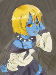 Rule 34 | 1girl, black thighhighs, blonde hair, blue skin, bra strap, clenched teeth, collar, colored sclera, colored skin, d:, grey background, hand on own face, hikimaru, long sleeves, looking at viewer, open mouth, red eyes, sailor collar, school uniform, serafuku, simple background, sketch, skirt, solo, spiked collar, spikes, teeth, thighhighs, yellow sclera, zettai ryouiki