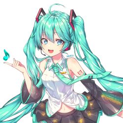 Rule 34 | 1girl, :d, ahoge, aqua eyes, aqua hair, black skirt, black thighhighs, boots, character name, commentary request, detached sleeves, hair between eyes, hatsune miku, headset, highres, kinos (kw00789), long hair, looking at viewer, musical note, nail polish, navel, necktie, open mouth, pleated skirt, simple background, skirt, smile, solo, thighhighs, twintails, upper body, very long hair, vocaloid, white background