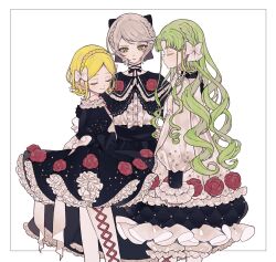 Rule 34 | 3girls, ao (ao0 0nemu), bad id, bad twitter id, black dress, blonde hair, bow, braid, center frills, closed eyes, closed mouth, commentary request, crown braid, dress, facing viewer, falulu, falulu (awakened), floral print, flower, frilled dress, frills, green eyes, green hair, grey hair, hair bow, highres, long hair, long sleeves, looking at viewer, midorikaze fuwari, multiple girls, pantyhose, pretty series, pripara, profile, puffy long sleeves, puffy sleeves, red flower, red rose, rose, shikyoin hibiki, shirt, short hair, simple background, smile, standing, white background, white bow, white pantyhose, white shirt