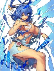 Rule 34 | 1girl, blue eyes, blue hair, blush, breasts, exploding clothes, female focus, hair ornament, hair rings, hair stick, highres, kaku seiga, large breasts, matching hair/eyes, md5 mismatch, melon22, navel, one eye closed, open mouth, resized, resolution mismatch, short hair, smile, solo, source larger, torn clothes, touhou