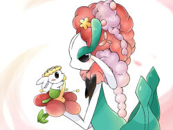 Rule 34 | 1girl, big hair, black eyes, blush, blush stickers, closed mouth, colored skin, creatures (company), eye contact, flabebe, flabebe (red flower), florges, florges (red flower), flower, from side, game freak, gen 6 pokemon, green skin, hair flower, hair ornament, hands up, holding, holding pokemon, looking at another, monster girl, multicolored hair, multicolored skin, nintendo, plant girl, pokemon, pokemon (creature), profile, purple eyes, purple hair, red flower, red hair, simple background, suzu (pixiv 32232702), two-tone hair, two-tone skin, upper body, white background, white skin, yellow flower