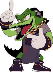 Rule 34 | 1boy, animal nose, apron, arm up, averting eyes, black apron, black footwear, bottomless, chain necklace, colored skin, crocodilian, crocodilian tail, digimin, dirty, dirty clothes, double finger gun, finger gun, full body, furry, furry male, gloves, gold, green skin, grey shirt, half-closed eyes, hand up, happy, headphones, jewelry, legs apart, looking to the side, male focus, multicolored skin, necklace, non-web source, official art, open mouth, pocket, reptile boy, sharp teeth, shirt, shoes, short sleeves, simple background, smile, snout, solo, sonic (series), splatter, standing, tail, teeth, the murder of sonic the hedgehog, tongue, transparent background, two-tone skin, vector the crocodile, white gloves, yellow eyes