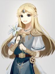 Rule 34 | 1girl, :d, alternate color, armor, bead necklace, beads, belt, blonde hair, blue flower, bracer, braid, circlet, crown braid, dress, flower, forehead jewel, grey background, holding, holding flower, jewelry, long hair, necklace, nintendo, open mouth, parted lips, pointy ears, princess zelda, short hair, shoulder armor, sidelocks, silent princess, simple background, smile, solo, pauldrons, super smash bros., tabard, tete tuyuten, the legend of zelda, the legend of zelda: a link between worlds, the legend of zelda: a link to the past, the legend of zelda: breath of the wild, thick eyebrows, very long hair, white dress