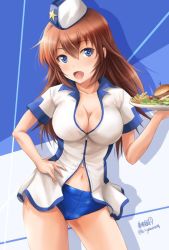 Rule 34 | 1girl, artist name, blouse, blue eyes, blue shorts, breasts, brown hair, burger, charlotte e. yeager, cleavage, contrapposto, cowboy shot, food, fries, garrison cap, hand on own hip, haruhata mutsuki, hat, hat ornament, holding, large breasts, long hair, looking at viewer, navel, open mouth, shadow, shirt, short shorts, shorts, signature, smile, solo, standing, star (symbol), star hat ornament, strike witches, tray, twitter username, waitress, white shirt, world witches series