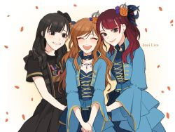 Rule 34 | 10s, 3girls, bang dream!, black eyes, black hair, breasts, brown hair, cleavage, endou yurika, flower, giji-p, grin, hair flower, hair ornament, imai lisa, jewelry, multiple girls, necklace, open mouth, own hands together, petals, ponytail, red hair, smile, voice actor, voice actor connection