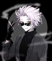 Rule 34 | 1boy, animal ear request, animal ears, arm up, black gloves, black sweater, cigarette, dice156, earrings, gloves, grey jacket, grin, holding, holding cigarette, jacket, jewelry, long sleeves, male focus, open clothes, open jacket, pink hair, red eyes, saibou shinkyoku, short hair, smile, smoke, solo, sunglasses, sweater, theodore riddle, turtleneck, turtleneck sweater, upper body