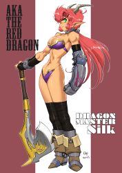 Rule 34 | 1girl, armor, axe, bad id, bad pixiv id, bikini armor, boots, bracelet, breasts, character request, collar, dragon girl, dragon horns, dragon master silk, full body, gauntlets, green eyes, highres, horns, jewelry, kajiyama hiroshi, large breasts, monster girl, muscular, muscular female, narrow waist, pointy ears, red hair, solo, standing, sword, weapon