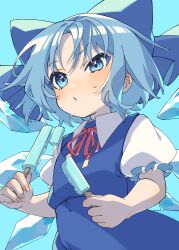 Rule 34 | 1girl, absurdres, blue background, blue bow, blue dress, blue eyes, blue hair, blush, bow, cirno, collared shirt, detached wings, dress, e sdss, fairy, fingernails, food, frilled sleeves, frills, hair bow, highres, holding, holding food, ice, ice wings, parted lips, popsicle, puffy short sleeves, puffy sleeves, shirt, short hair, short sleeves, simple background, solo, touhou, upper body, white shirt, wings