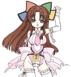 Rule 34 | 1girl, 95-tan, alternate costume, artist request, bare shoulders, bow, breasts, brown eyes, brown hair, cowboy shot, detached sleeves, facing viewer, frilled thighhighs, frills, hair bow, leotard, long hair, looking at viewer, medium breasts, necktie, os-tan, pink bow, pink leotard, pink necktie, simple background, solo, standing, tagme, thighhighs, white background, white thighhighs