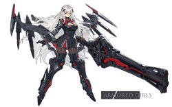 Rule 34 | 1girl, albino, armor, black dress, black gloves, black pantyhose, boots, breasts, cleavage, cleavage cutout, clothing cutout, dress, female focus, full body, gloves, highres, huge weapon, kishiyo, large breasts, long hair, looking at viewer, md5 mismatch, mecha musume, mechanical wings, armored boots, original, pantyhose, red eyes, resolution mismatch, revision, smile, solo, tachi-e, thigh boots, thighhighs, very long hair, weapon, white hair, wings