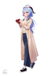Rule 34 | 1girl, absurdres, acrylicstroke, ahoge, black footwear, blue hair, blue pants, blush, bow, box, closed mouth, full body, ganyu (genshin impact), genshin impact, hair between eyes, heart-shaped box, highres, holding, holding bow (ornament), horns, long hair, long sleeves, pants, red eyes, shoes, signature, simple background, smile, sneakers, socks, solo, striped clothes, striped pants, sweater, vertical-striped clothes, vertical-striped pants, very long hair, walking, white background, white socks, white sweater