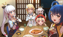 Rule 34 | 5girls, absurdres, ahoge, armor, armored dress, ayaka (genshin impact), black hair, blue eyes, blunt bangs, bowl, braid, brown eyes, cabbie hat, chest armor, chinese clothes, choker, chopsticks, clover print, collarbone, commentary request, covering own mouth, eating, flower, food, genshin impact, hair between eyes, hair flower, hair ornament, hair ribbon, hairclip, hanami e, hat, highres, holding, holding chopsticks, japanese clothes, klee (genshin impact), light brown hair, long hair, long sleeves, looking at viewer, low twintails, lumine (genshin impact), multiple girls, orange eyes, paimon (genshin impact), pointy ears, ponytail, ribbon, rice, rice bowl, scarf, short hair, short hair with long locks, sidelocks, table, thick eyebrows, tress ribbon, twin braids, twintails, white hair, xiangling (genshin impact), yellow eyes