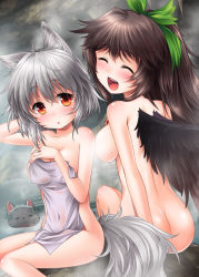 Rule 34 | 2girls, animal ears, ass, black hair, black wings, blush, bow, breasts, brown hair, butt crack, cleavage, closed eyes, collarbone, convenient censoring, covered navel, covering privates, green bow, hair bow, hair ribbon, inubashiri momiji, kaenbyou rin, kaenbyou rin (cat), kei kei, large breasts, long hair, looking at viewer, multiple girls, naked towel, nude, nude cover, onsen, open mouth, partially submerged, red eyes, reiuji utsuho, ribbon, sideboob, silver hair, sitting, smile, steam, steam censor, tail, touhou, towel, wings, wolf ears, wolf tail