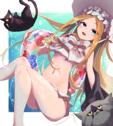 Rule 34 | 1girl, abigail williams (fate), abigail williams (swimsuit foreigner) (fate), abigail williams (swimsuit foreigner) (third ascension) (fate), bare shoulders, bikini, black cat, blonde hair, blue eyes, blush, bonnet, bow, breasts, cat, fate/grand order, fate (series), forehead, hair bow, highres, innertube, long hair, looking at viewer, miniskirt, navel, open mouth, parted bangs, shirokuma1414, sidelocks, skirt, small breasts, smile, swim ring, swimsuit, thighs, twintails, very long hair, white bikini, white bow, white headwear