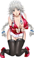 Rule 34 | 10s, 1girl, braid, breasts, cleavage, garter straps, grayfia lucifuge, grey eyes, grey hair, high school dxd, large breasts, lipstick, long hair, makeup, matching hair/eyes, mature female, official art, red footwear, smile, solo, thighhighs, twin braids