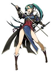 Rule 34 | 1girl, absurdres, armor, boots, dual wielding, earrings, fire emblem, fire emblem: the blazing blade, fire emblem awakening, full body, fur trim, green eyes, green hair, hair ornament, high ponytail, highres, holding, japanese armor, jewelry, long hair, lyn (fire emblem), matching hair/eyes, miwa shirow, nintendo, official art, open mouth, ponytail, reverse grip, sash, scan, simple background, solo, sword, very long hair, weapon, white background