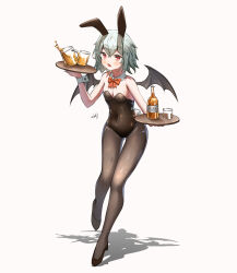 Rule 34 | 1girl, :o, alcohol, animal ears, bat wings, beer, beer mug, black footwear, black leotard, black pantyhose, black wings, blue hair, bow, bowtie, breasts, cleavage, covered navel, cup, detached collar, fang, full body, high heels, highres, holding, holding tray, leotard, mug, pantyhose, playboy bunny, rabbit ears, rabbit tail, red bow, red bowtie, red eyes, remilia scarlet, revision, short hair, simple background, small breasts, solo, standing, tail, touhou, tray, whiskey, white background, white wrist cuffs, wings, wrist cuffs, ycl 090