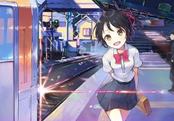 Rule 34 | 10s, 1boy, 1girl, :d, arms behind back, belt, black belt, black hair, blue skirt, blush, bow, bowtie, briefcase, brown eyes, commentary, diffraction spikes, hair ribbon, head tilt, kimi no na wa., leaning forward, looking at viewer, miyamizu mitsuha, open mouth, original, pleated skirt, railroad tracks, red bow, red bowtie, red ribbon, ribbon, shirt, shoonear, short hair, short sleeves, skirt, smile, tactile paving, train, train station, walking, white shirt, yellow eyes