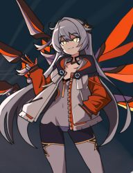 Rule 34 | 1girl, antenna hair, black background, hair between eyes, hair ornament, hand in pocket, highres, honkai (series), honkai impact 3rd, jacket, kiana kaslana, kiana kaslana (herrscher of the void), kiana kaslana (white comet), long hair, looking at viewer, open mouth, polearm, simple background, smile, solo, spear, teeth, v, v1ta, weapon, white hair, wings, yellow eyes