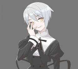 Rule 34 | 1girl, arm at side, assault lily, black skirt, buttons, commentary request, cropped jacket, grey background, grey hair, hair between eyes, hand on own face, hand over eye, hand up, head tilt, high-waist skirt, highres, juliet sleeves, kawazoe misuzu, long sleeves, looking at viewer, neck ribbon, parted lips, puffy sleeves, ribbon, sasaki33916, shirt, short hair, simple background, skirt, smile, solo, upper body, white shirt, yellow eyes